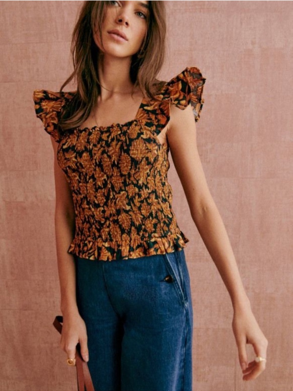 Sézane Smocked Floral Ruffle Tank Top - Black & Mustard